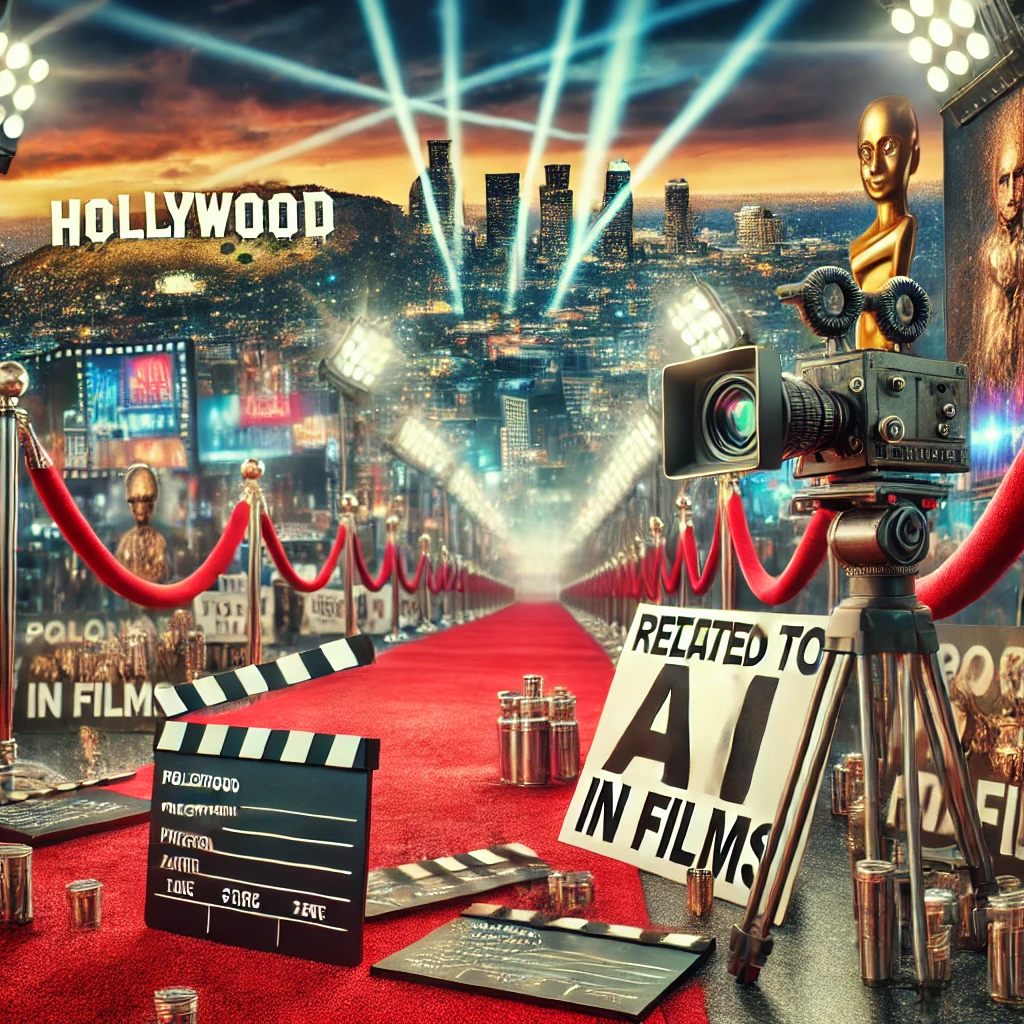 A photo-realistic view of Hollywood skyline at dusk with a red carpet event in the background, scattered with a movie camera, protest signs related to AI in films, and clapperboards, representing current Hollywood controversies.