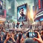 A bustling urban scene promoting a new movie with a large billboard, people holding promotional materials, social media influencers taking selfies, film festival banners, and a director giving an interview.