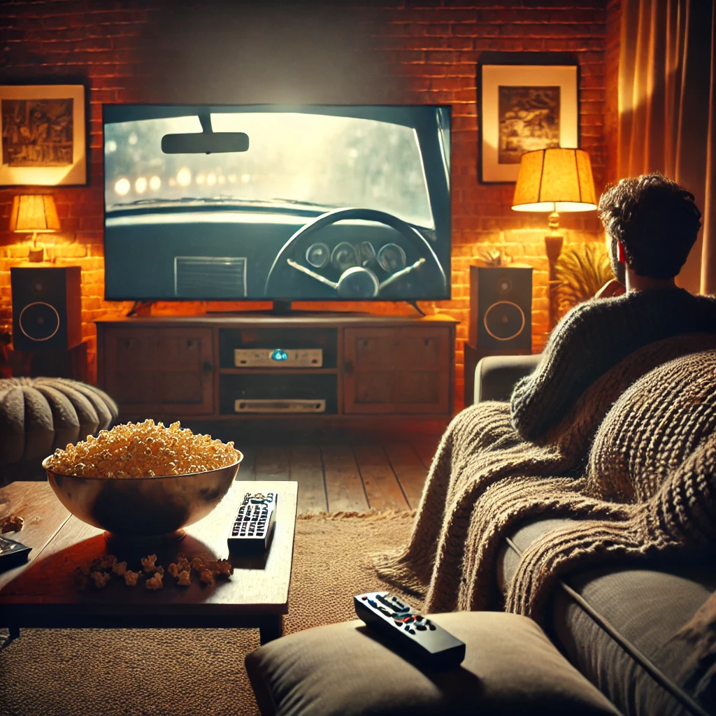 Cozy living room with a person watching a movie on TV, surrounded by popcorn and DVDs.