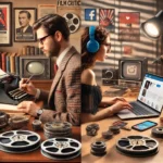 A split-screen scene depicting a traditional film critic in a vintage office and a modern digital influencer in a home studio, highlighting the contrast between traditional and digital film criticism.