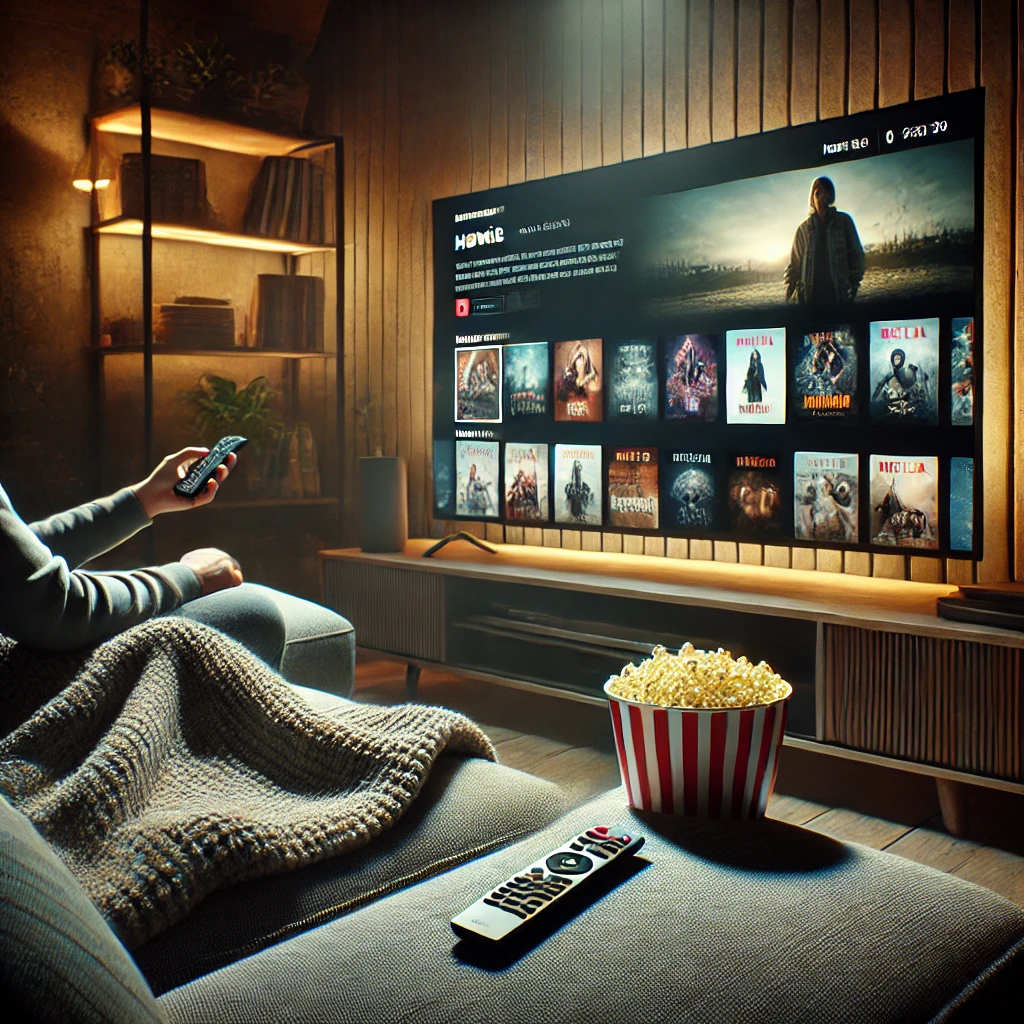 A cozy living room with a flat-screen TV displaying a streaming service interface, a person on a sofa with a remote, popcorn, and a relaxed atmosphere.