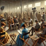 Realistic depiction of a film set with extras in various costumes in a holding area, capturing the behind-the-scenes atmosphere.