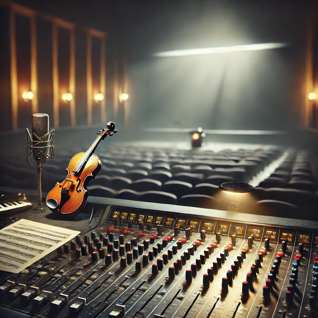 Realistic photo of a movie theater setting with a mixing console and musical instruments, symbolizing film soundtracks.