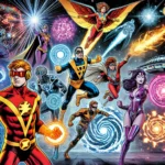 Original superheroes standing dramatically with cosmic energy and multiverse elements in a comic-style scene.