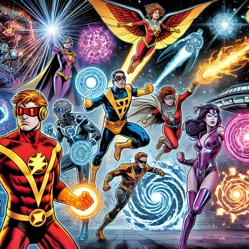 Original superheroes standing dramatically with cosmic energy and multiverse elements in a comic-style scene.