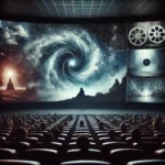 A dark movie theater scene with a surreal collage of mysterious movie moments on the screen, including abstract sequences and misty landscapes.