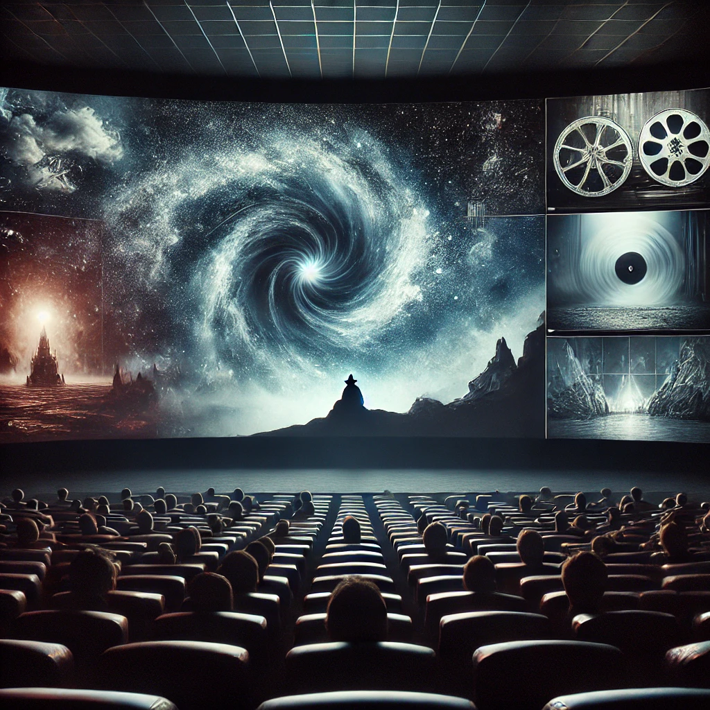 A dark movie theater scene with a surreal collage of mysterious movie moments on the screen, including abstract sequences and misty landscapes.