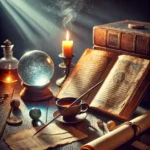 A magical quiz setup with an ancient book, wand, scroll, and glowing crystal ball on a wooden table.