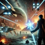 Futuristic spaceships in a space battle with a figure holding a glowing energy sword on an alien planet.