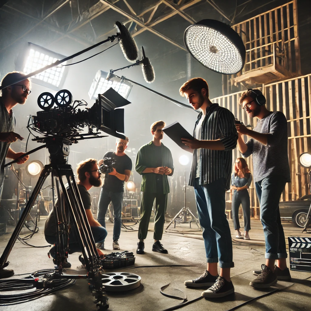 Film director giving instructions to actors on a movie set with crew members adjusting lights and camera equipment