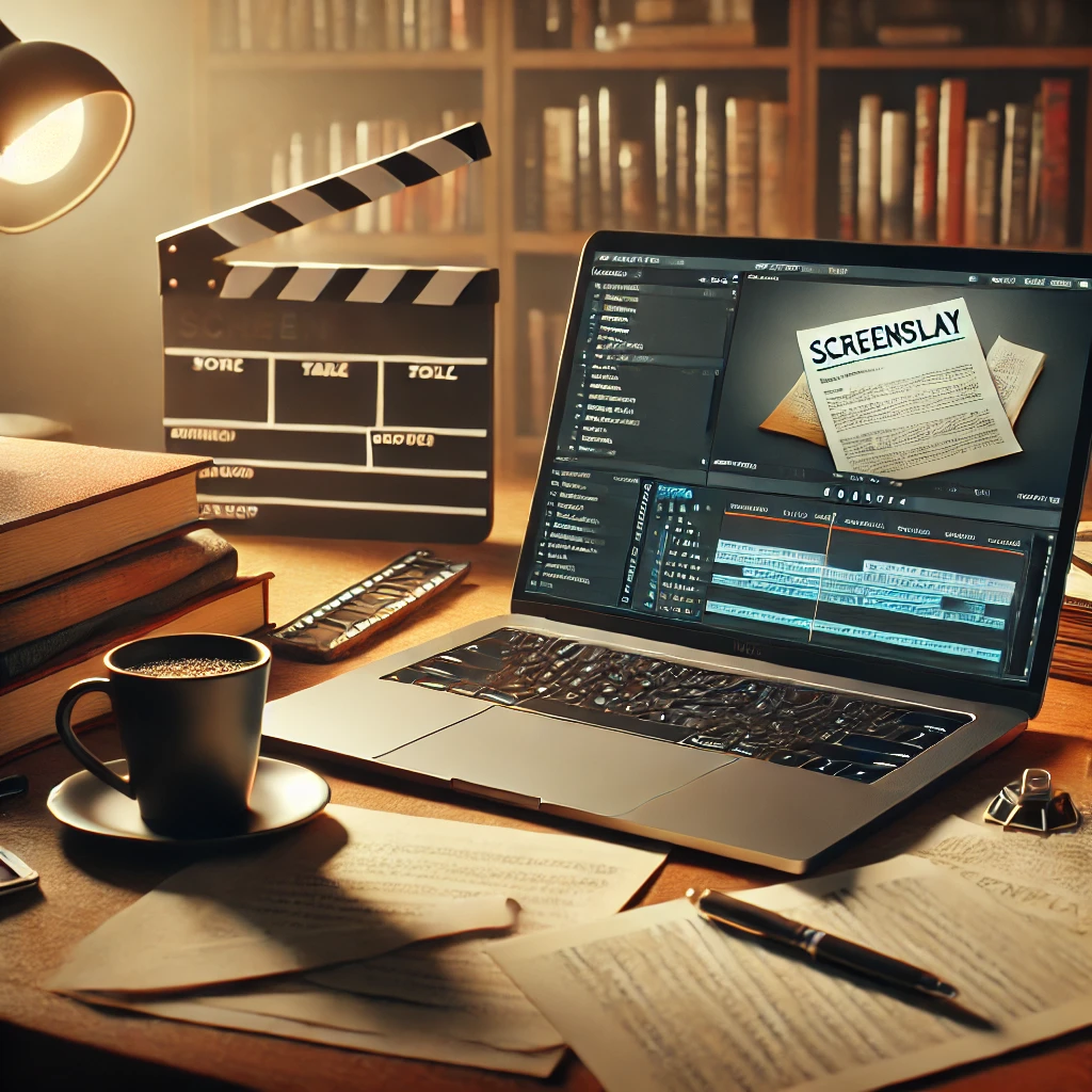 Desk setup with a laptop displaying screenwriting software, film clapperboard, screenplay pages, coffee cup, and bookshelf in the background.