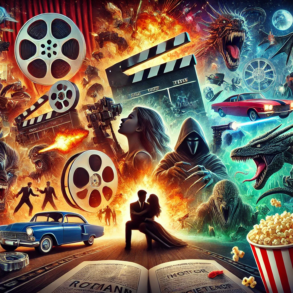 A diverse collection of film genres represented through iconic elements like a film reel, clapperboard, action scenes, romantic moments, horror figure, spaceship, and mythical creatures in a movie theater setting.