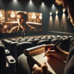 A person sitting in a modern theater, analyzing a film by taking notes while watching the movie screen.