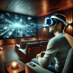 Person watching a movie in virtual reality with a VR headset in a home theater environment.