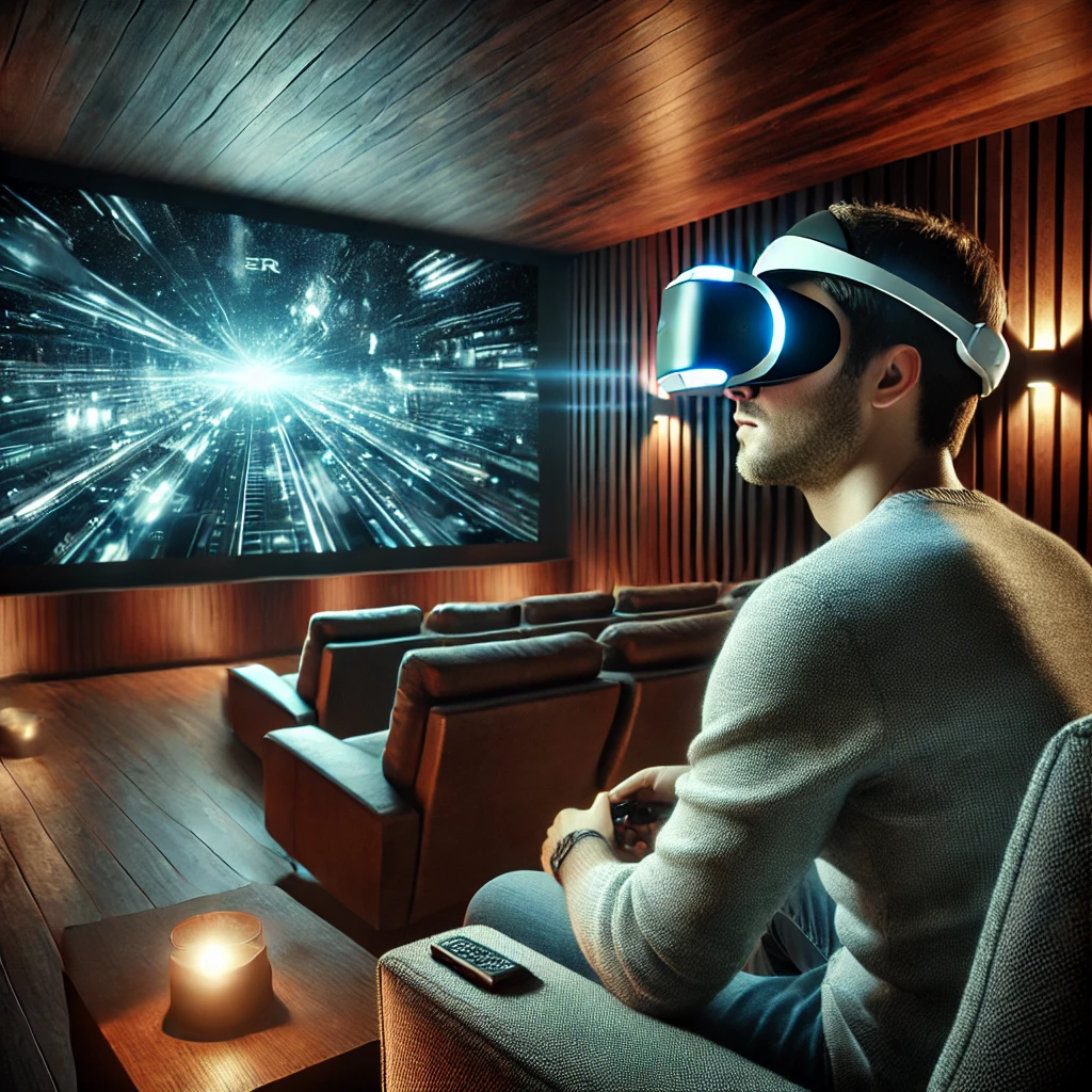 Person watching a movie in virtual reality with a VR headset in a home theater environment.