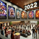 Modern movie theater lobby with upcoming 2024 movie posters and excited crowds holding popcorn.