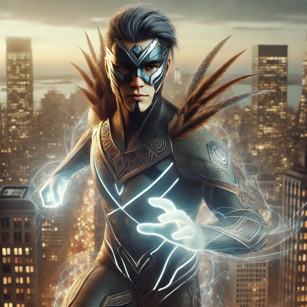 A superhero in a futuristic costume with tribal elements standing in front of a glowing cityscape.