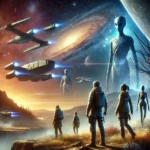 Futuristic adventurers exploring an alien galaxy with starships and a guiding figure in the background.