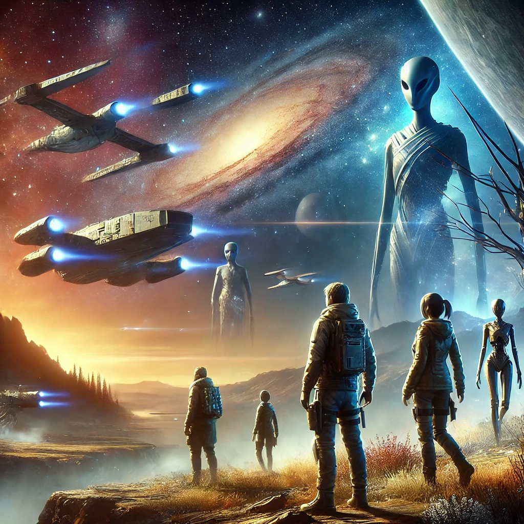 Futuristic adventurers exploring an alien galaxy with starships and a guiding figure in the background.