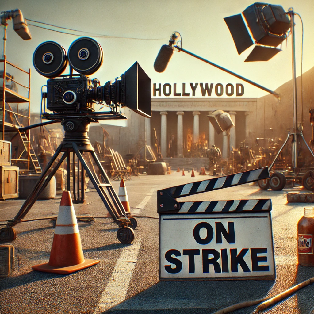 Hollywood film set abandoned due to strikes with covered movie camera and clapperboard reading 'On Strike' in the foreground.