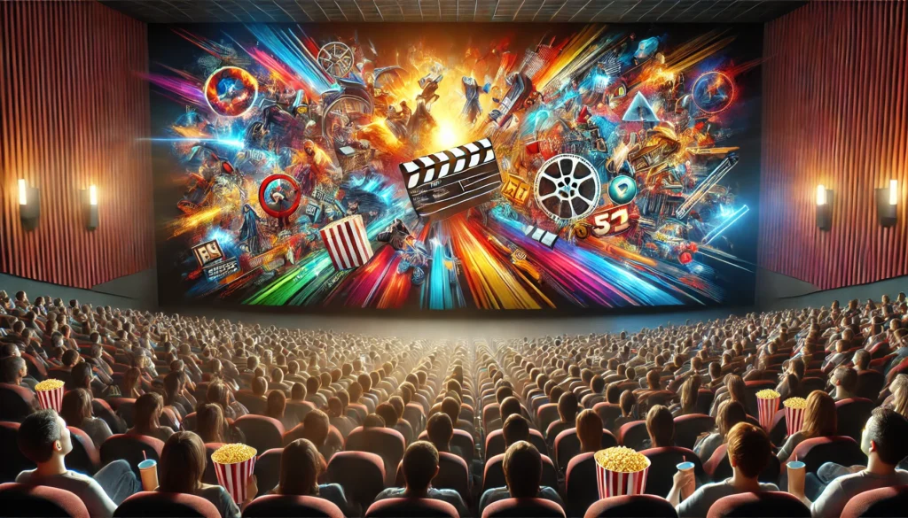 A large movie theater filled with an engaged audience watching a colorful screen displaying abstract movie graphics representing various film genres.