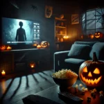 A spooky Halloween-themed living room with a glowing pumpkin, popcorn, and a horror movie playing on TV.