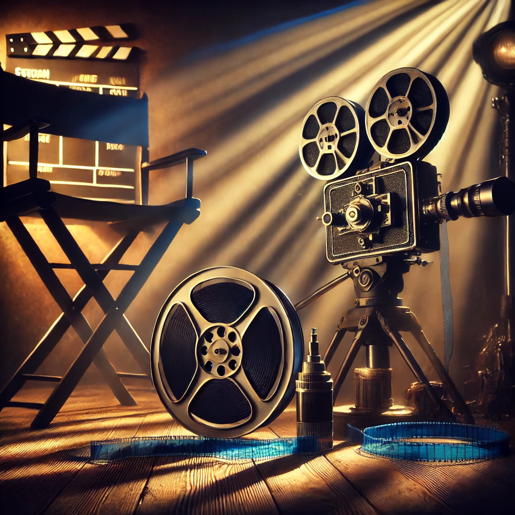 A cinematic scene featuring a vintage film reel, old-fashioned camera, and director's chair with dramatic lighting in a studio.