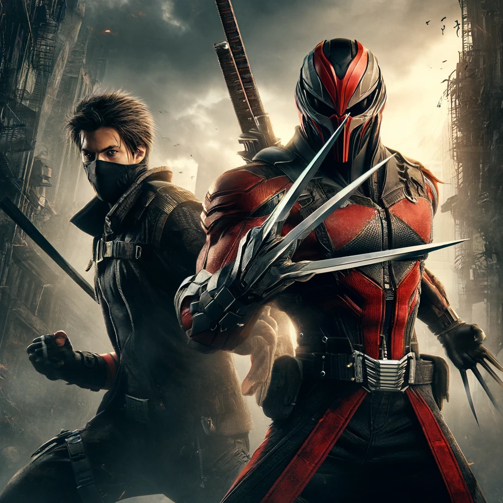 Two generic superheroes in action-ready poses, one with a katana and the other with metallic claws, standing in a gritty urban landscape amidst a destroyed city.