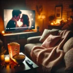 Cozy night-in with a romantic comedy on TV, popcorn on the table, and a warm blanket on the couch