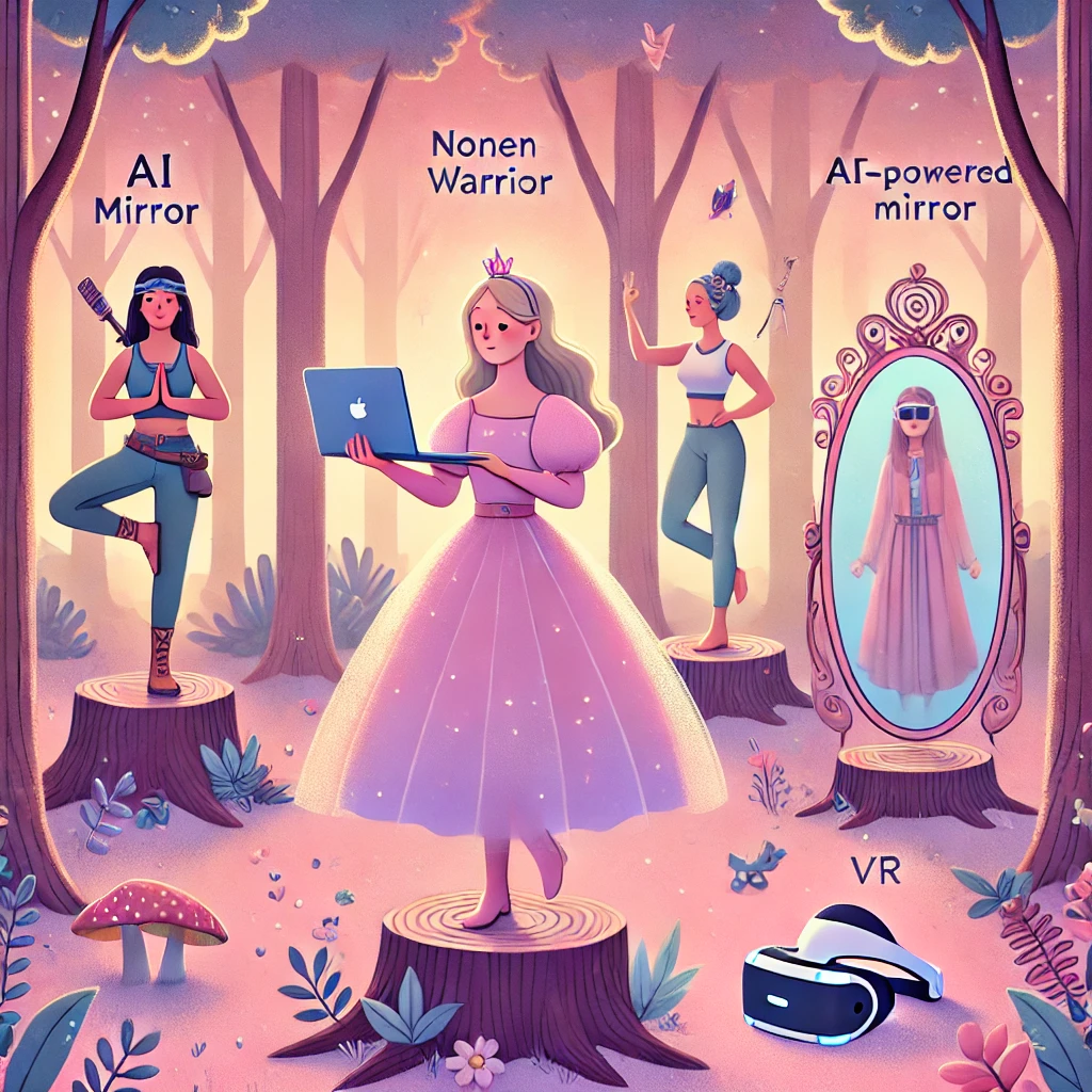 Modern Disney princess with laptop in a magical forest with diverse characters.