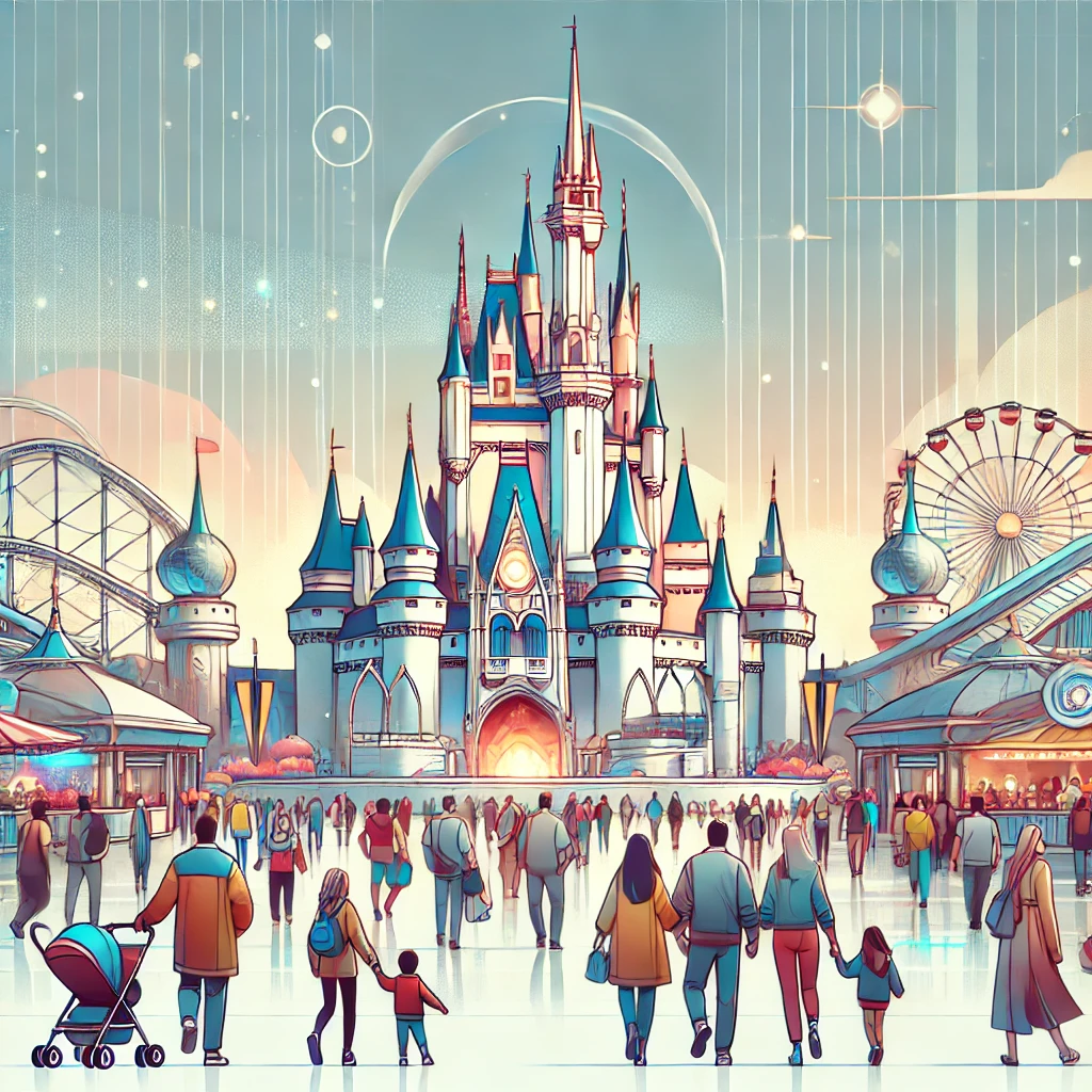 Futuristic Disney theme park scene with an abstract castle and diverse visitors enjoying attractions.