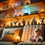 Various Disney 2025 merchandise items on a shelf in a cozy living room.