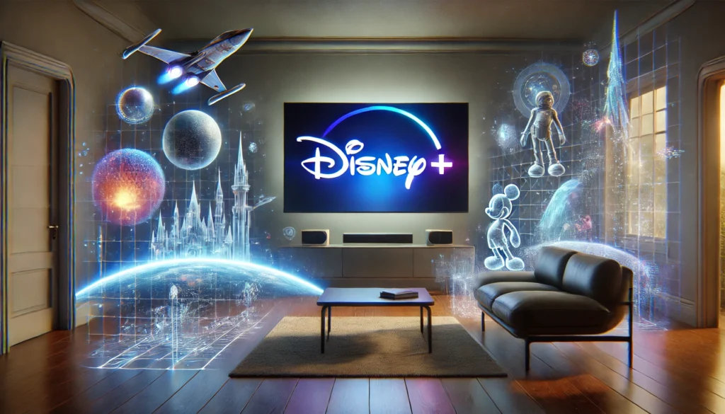 Futuristic living room with Disney+ holographic projections.