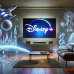 Futuristic living room with Disney+ holographic projections.